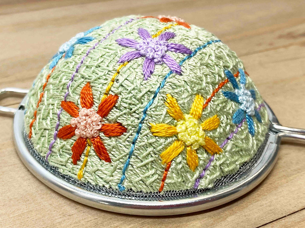 Thumbnail: Hand Embroidered Stainless Steel Tea Strainer - Spring Daisy (physical product)