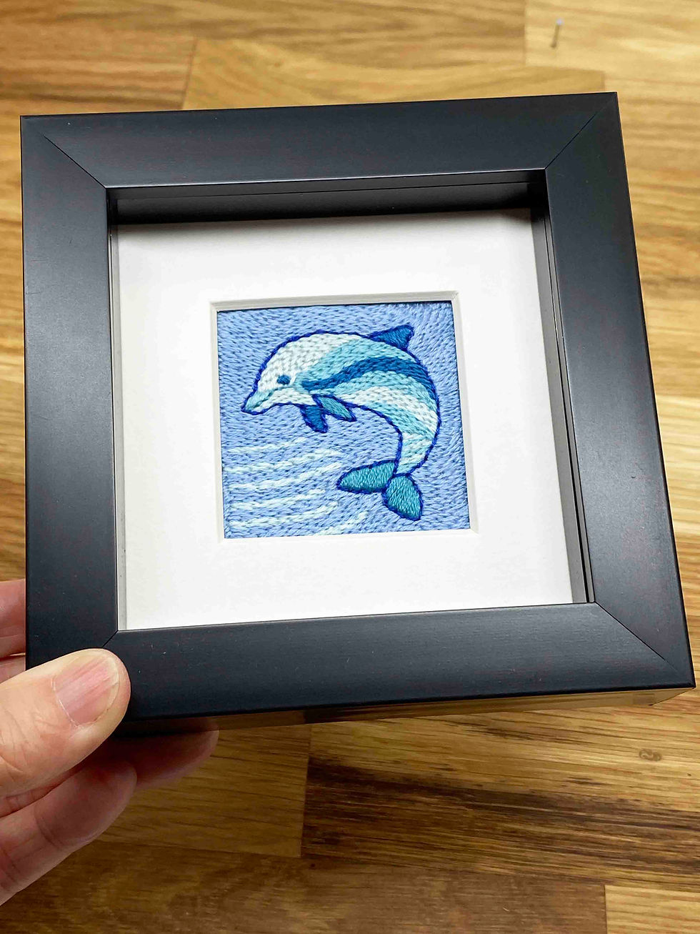 Thumbnail: Hand Embroidered Picture in Shadow Box Frame - Dolphin