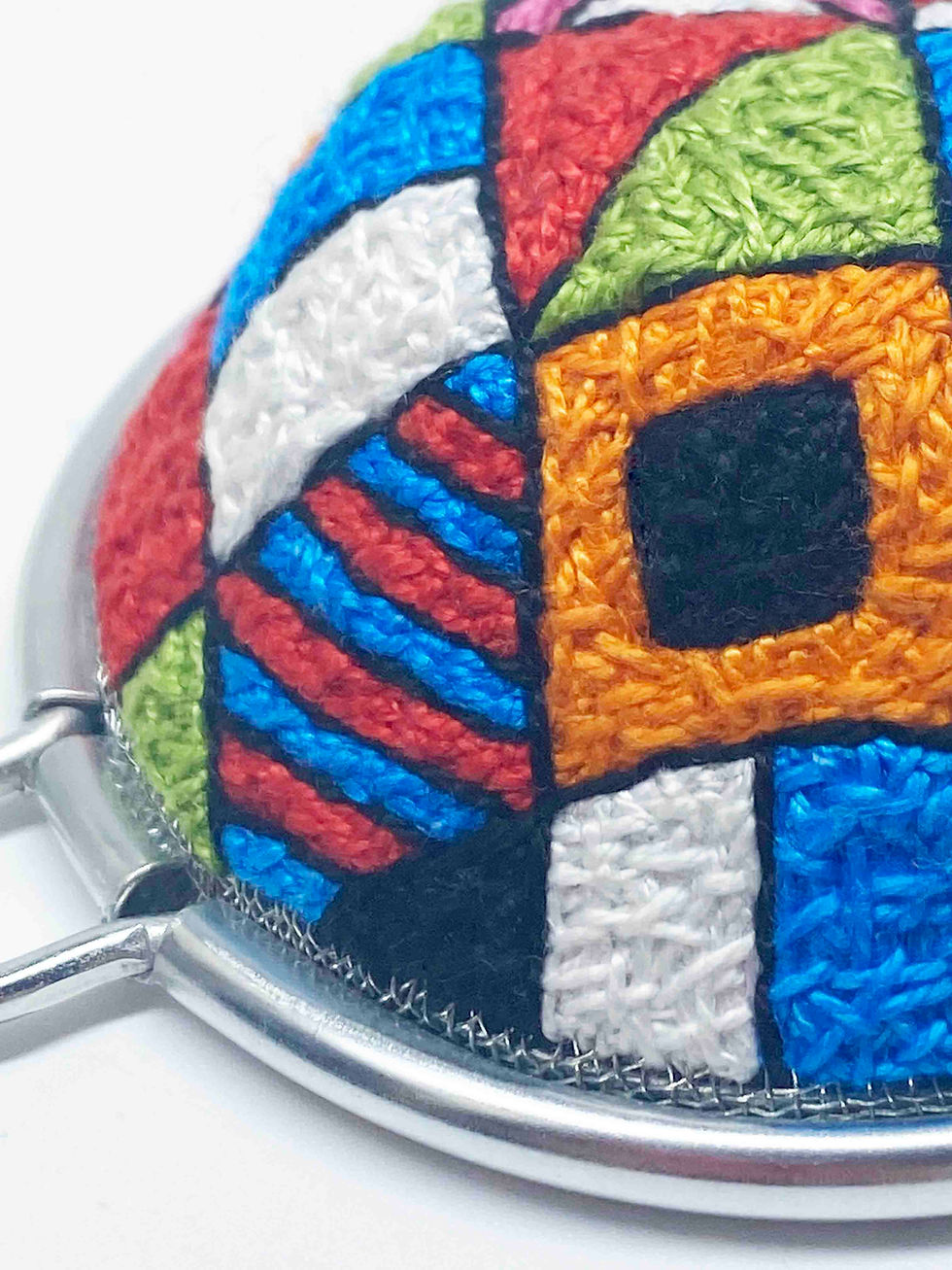 Thumbnail: Hand embroidered Mini Strainer With Mountboard & Easel - Mini Dazzle Camouflage