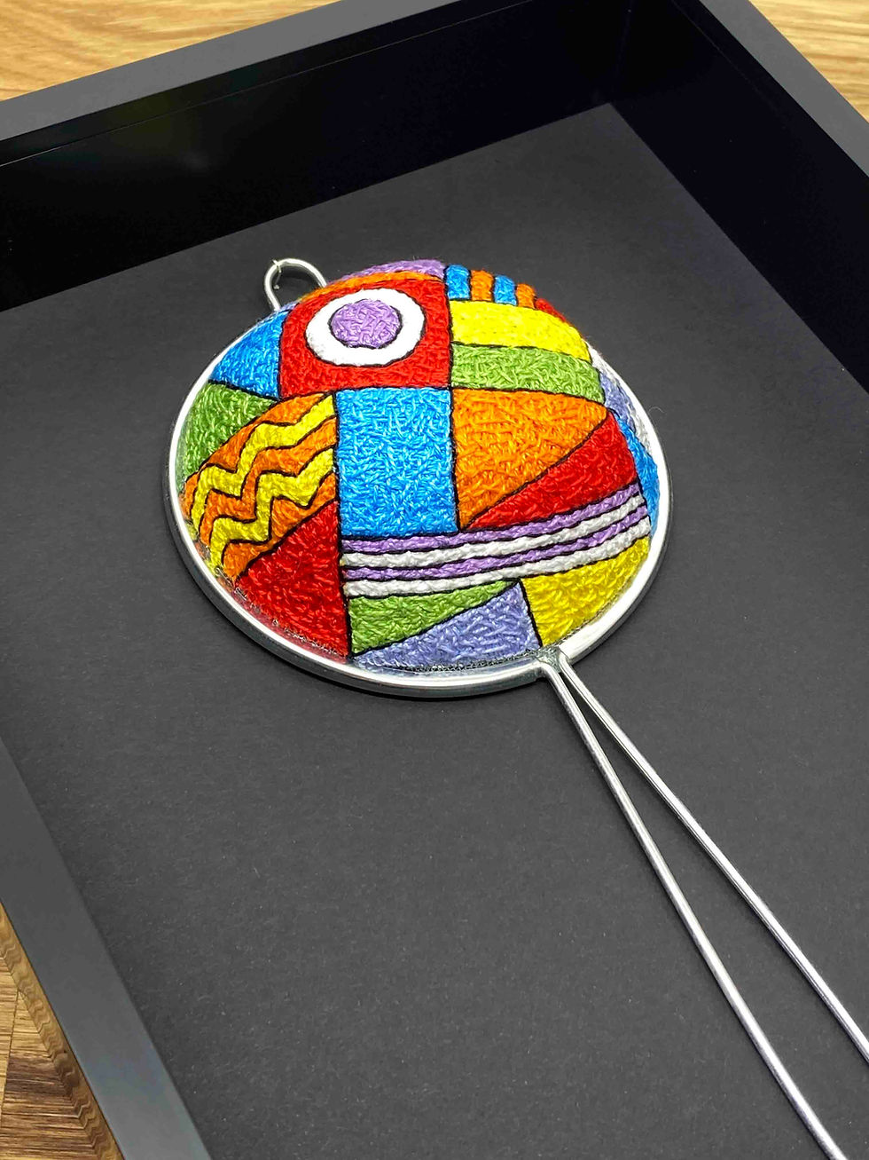 Thumbnail: Hand Embroidered WovenStainless Steel Sieve in Shadow Box Frame - Dazzle Red