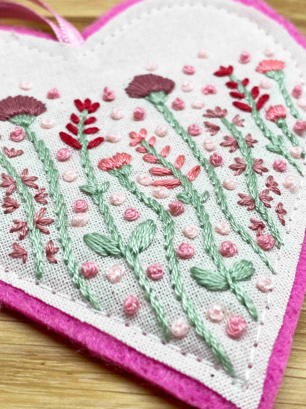 Thumbnail: Hand Embroidered Hanging Heart Decoration - Meadow Theme (choice of design)