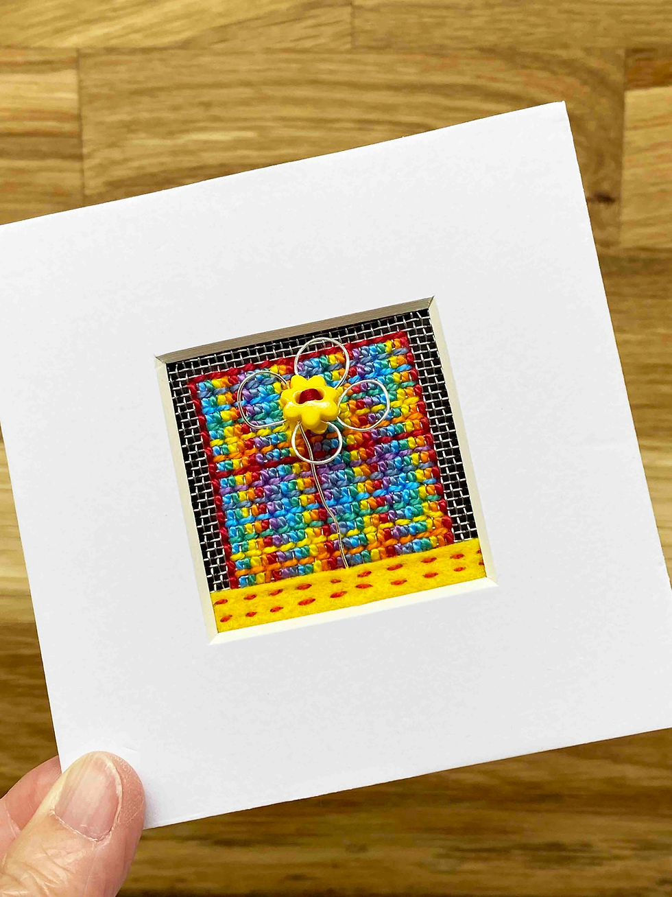 Thumbnail: Hand Embroidered Picture in Shadow Box Frame - Rainbow Daisy on Metal