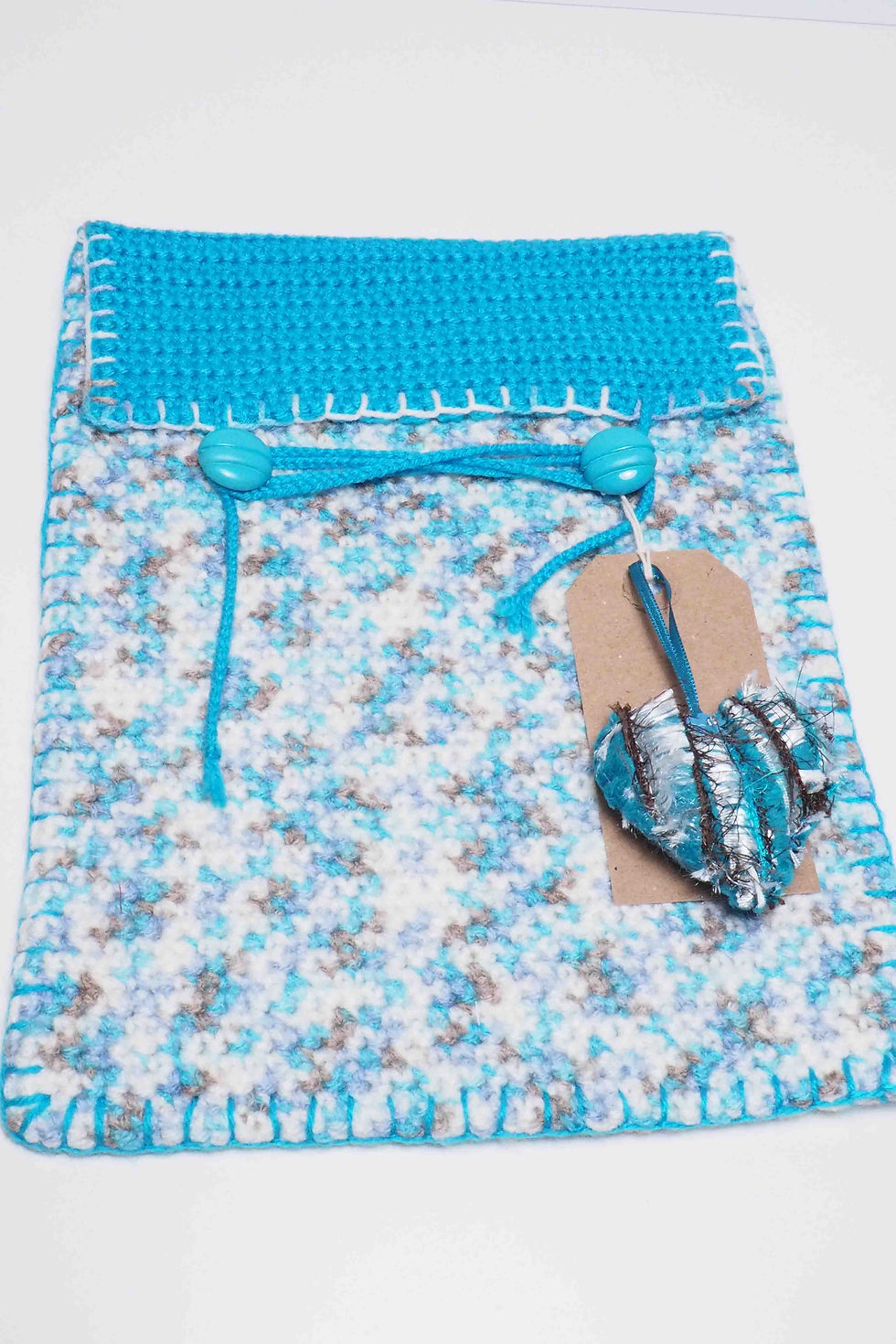 Thumbnail: Turquoise Hand Crocheted Reusable Gift Bag & Heart Keepsake Tag