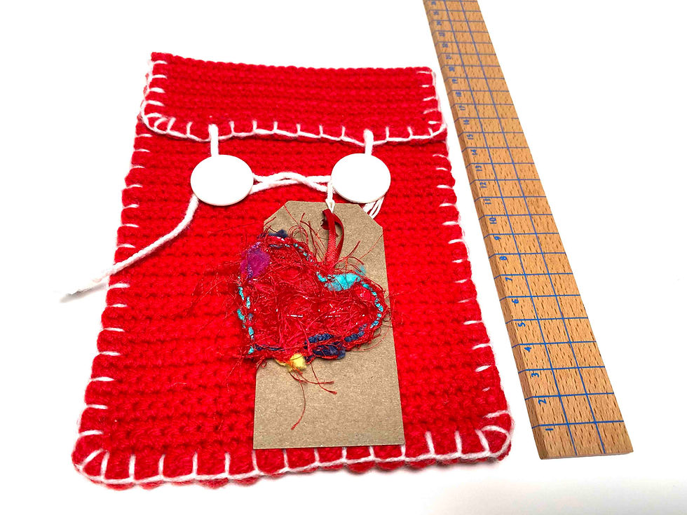 Thumbnail: Red & White Hand Crocheted Reusable Gift Bag & Heart Keepsake Tag