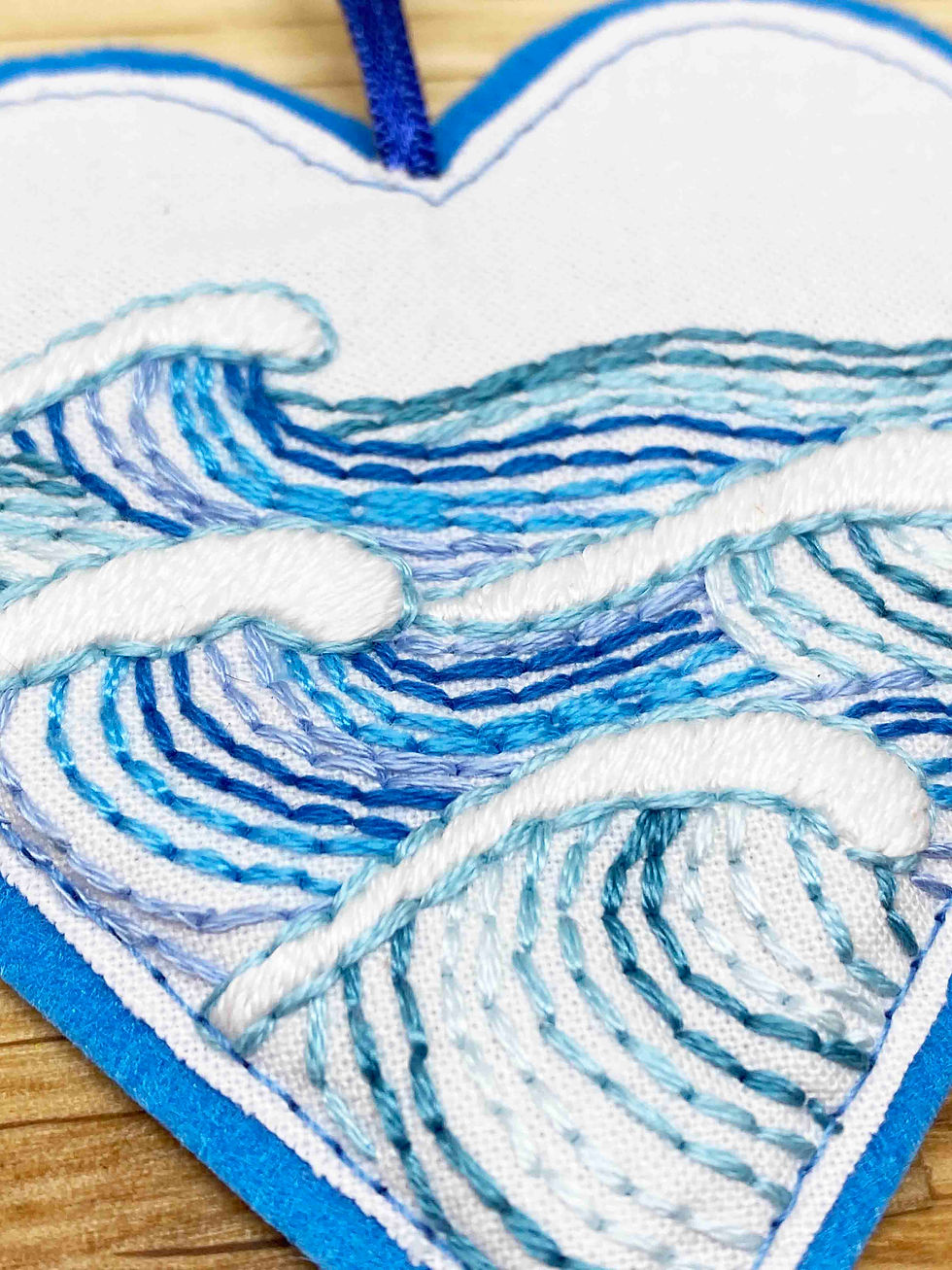 Thumbnail: Hand Embroidered Hanging Heart Decoration - Ocean Waves