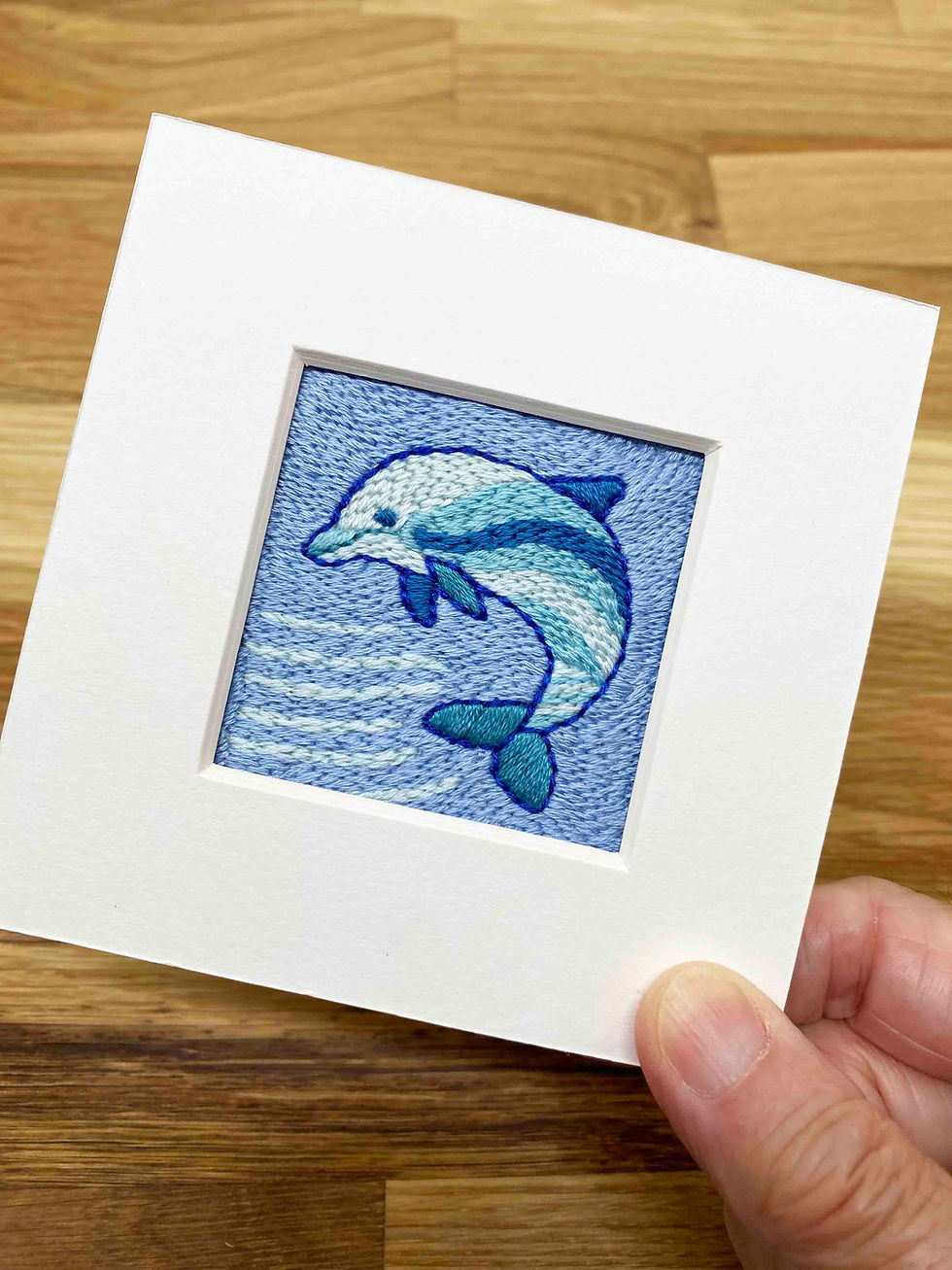 Thumbnail: Hand Embroidered Picture in Shadow Box Frame - Dolphin