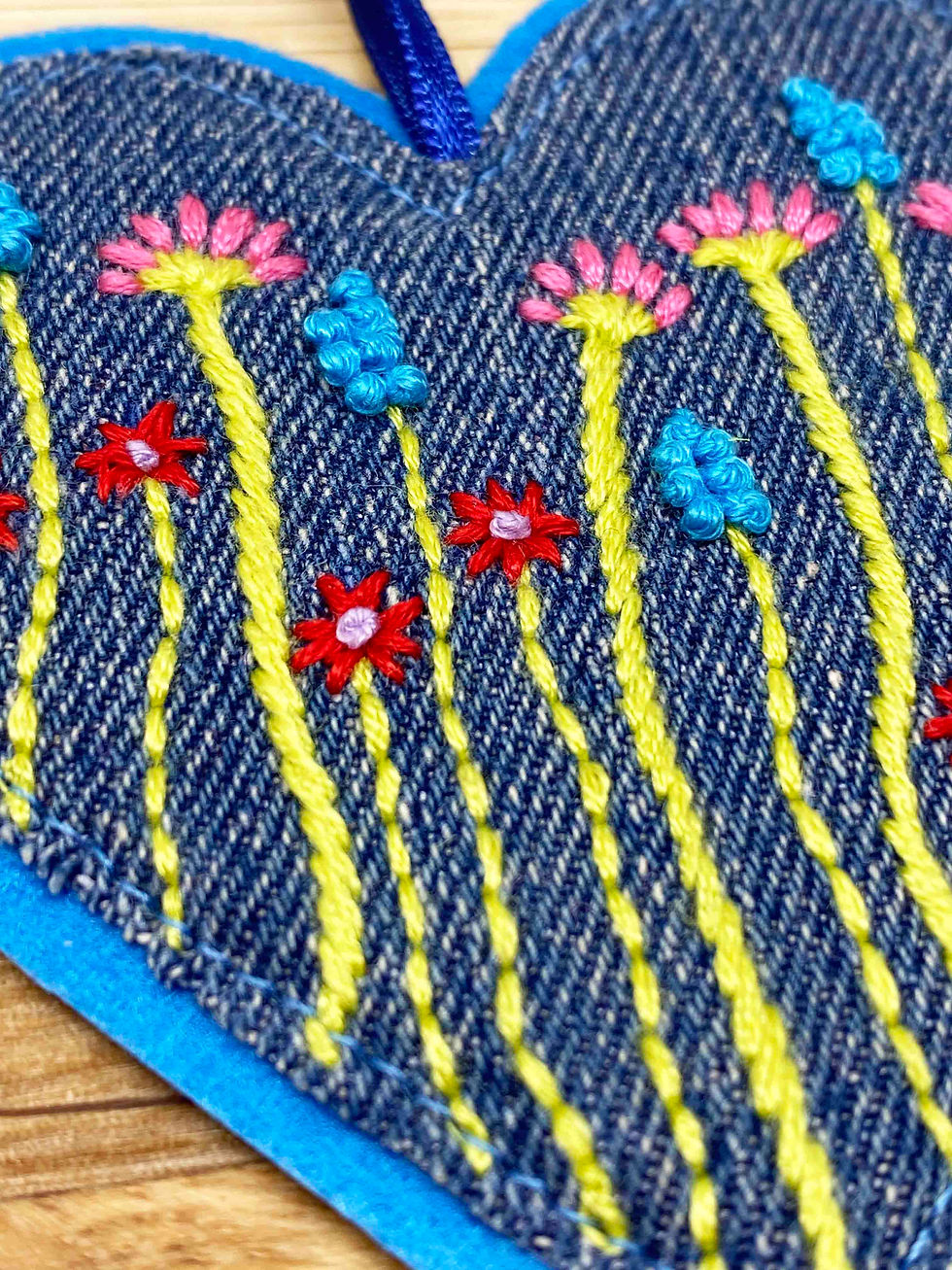 Thumbnail: Hand Embroidered Hanging Heart Decoration - Meadow Theme (choice of design)