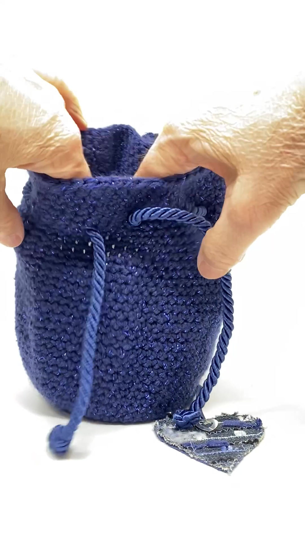 Thumbnail: Sparkly Hand Crocheted Reusable Gift Bag Heart Keepsake Tag