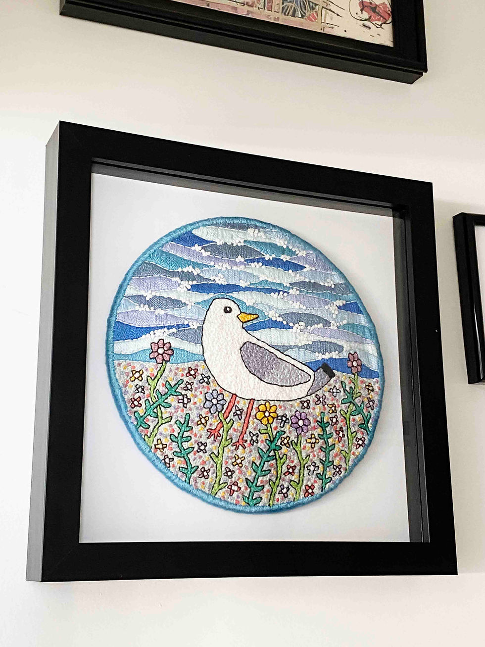 Thumbnail: Hand Embroidered Picture in Shadow Box Frame  - Seagull