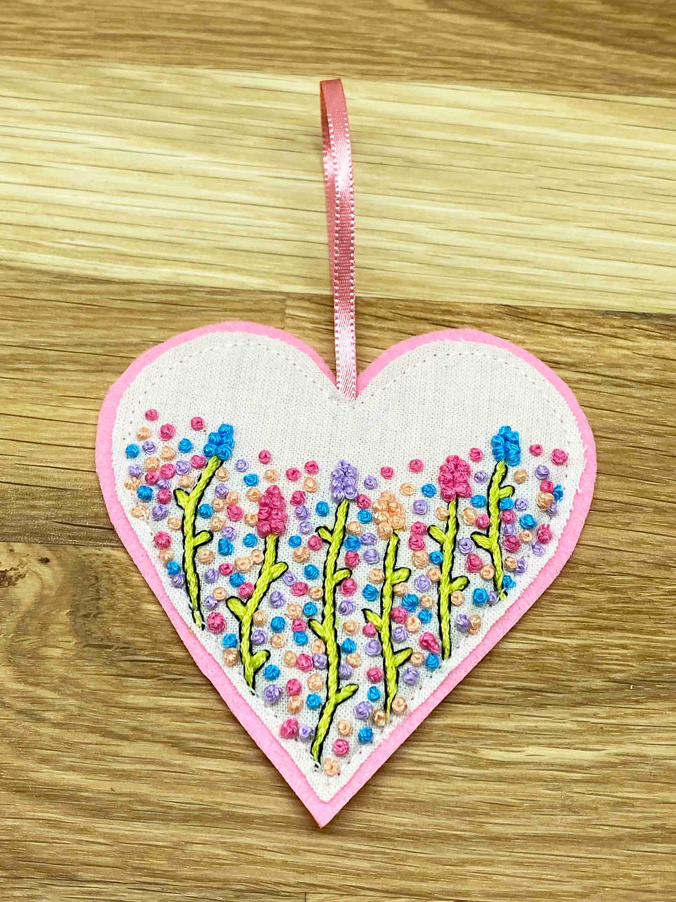 Thumbnail: Hand Embroidered Hanging Heart Decoration - Meadow Theme (choice of design)
