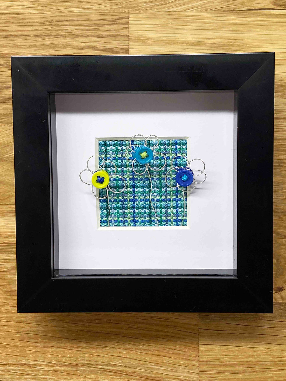 Thumbnail: Hand Embroidered Picture in Shadow Box Frame - Blue Daisy on Metal