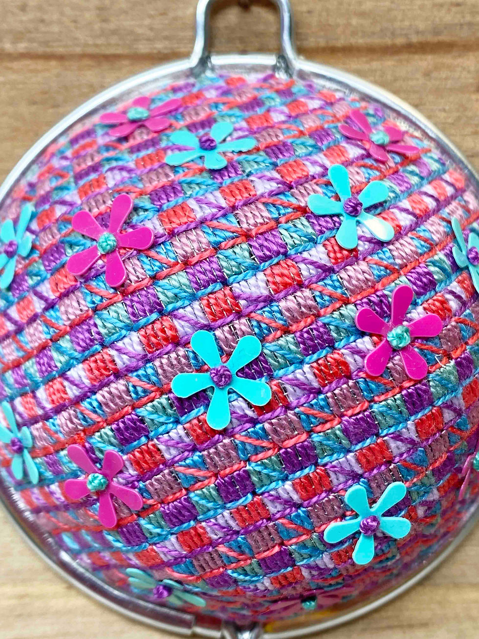 Thumbnail: Hand Embroidered Stainless Steel Tea Strainer -Summer Daisy (physical product)