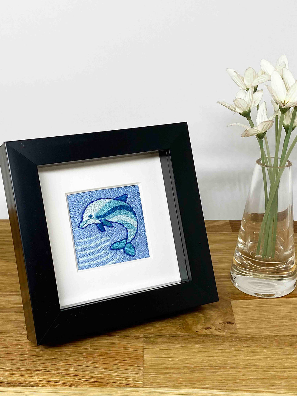 Thumbnail: Hand Embroidered Picture in Shadow Box Frame - Dolphin