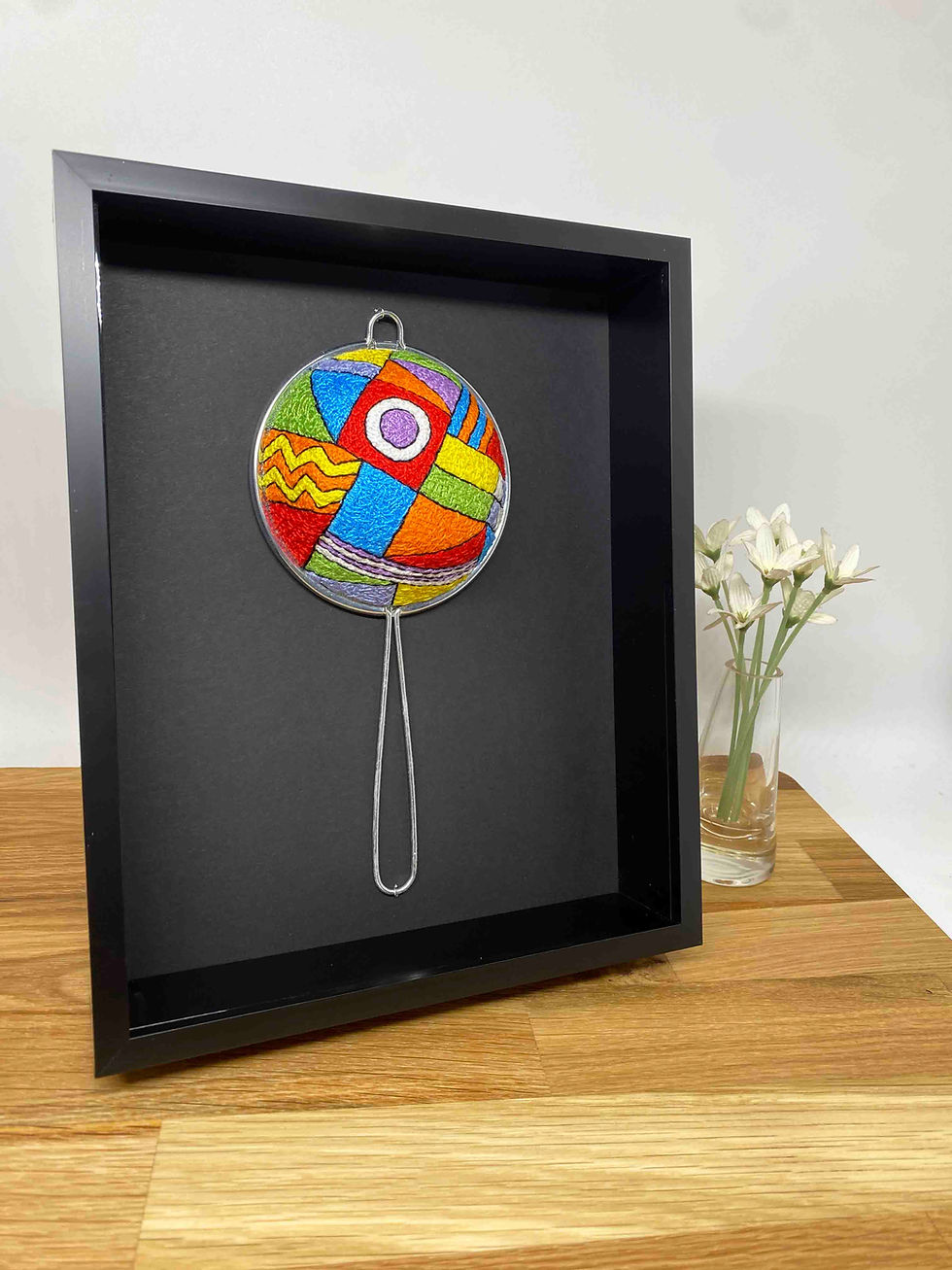 Thumbnail: Hand Embroidered WovenStainless Steel Sieve in Shadow Box Frame - Dazzle Red