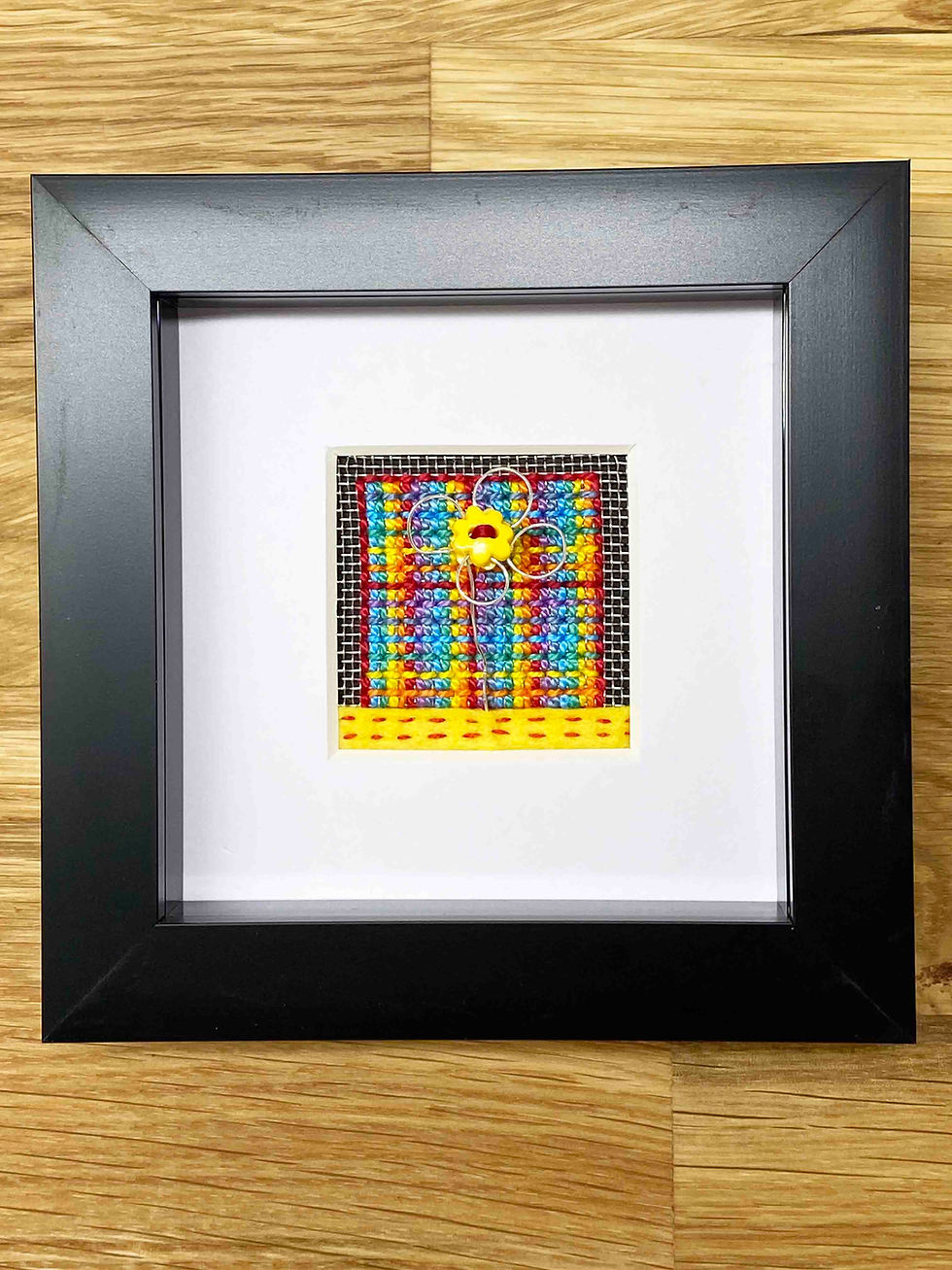 Hand Embroidered Picture in Shadow Box Frame - Rainbow Daisy on Metal