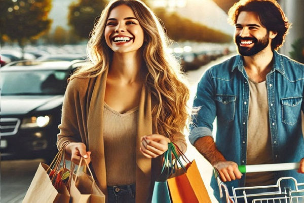 clientes satisfechos saliendo de una tienda con bolsas de compras y una sonrisa.