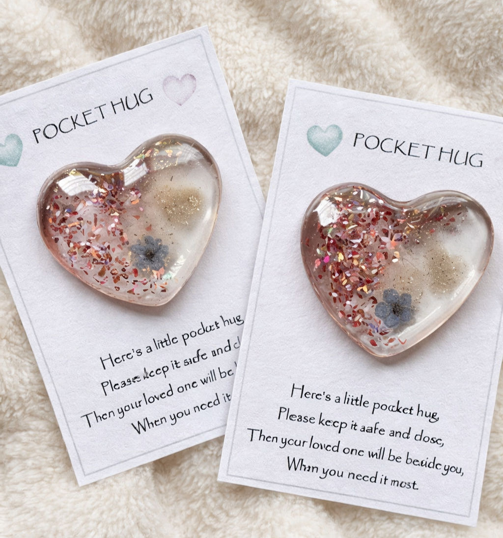 Pink blush pocket hug with a forget me not and an ashes heart