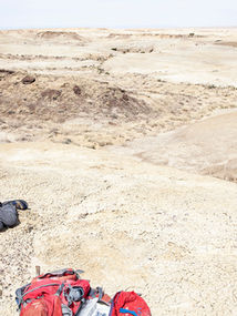 A man laying on the ground in a desert landscape
