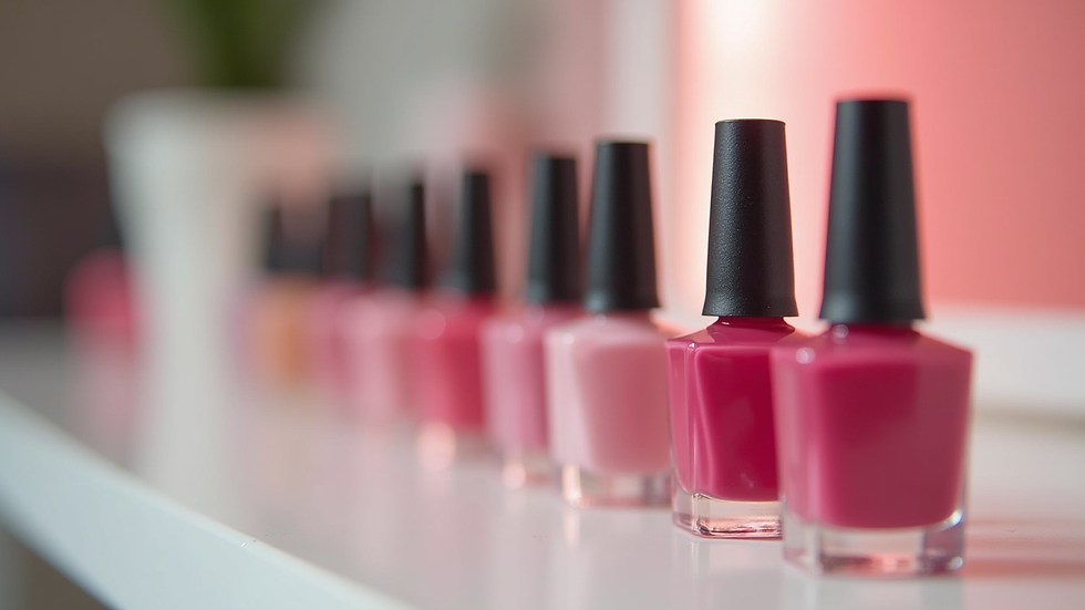 Close-up view of gel nail polish bottles on a salon table
