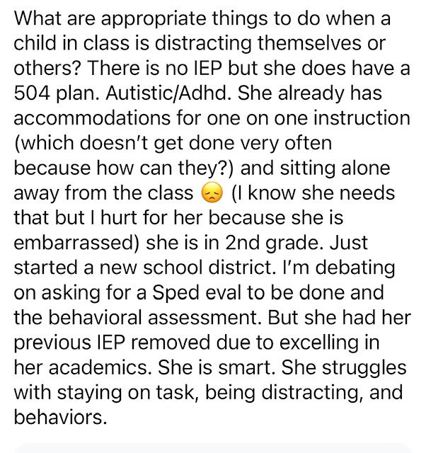 a social media post addressing the need for an IEP rather than a 504 Plan