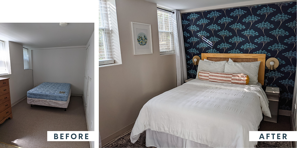 Removeable blue wallpaper updates a bedroom with a white bed.