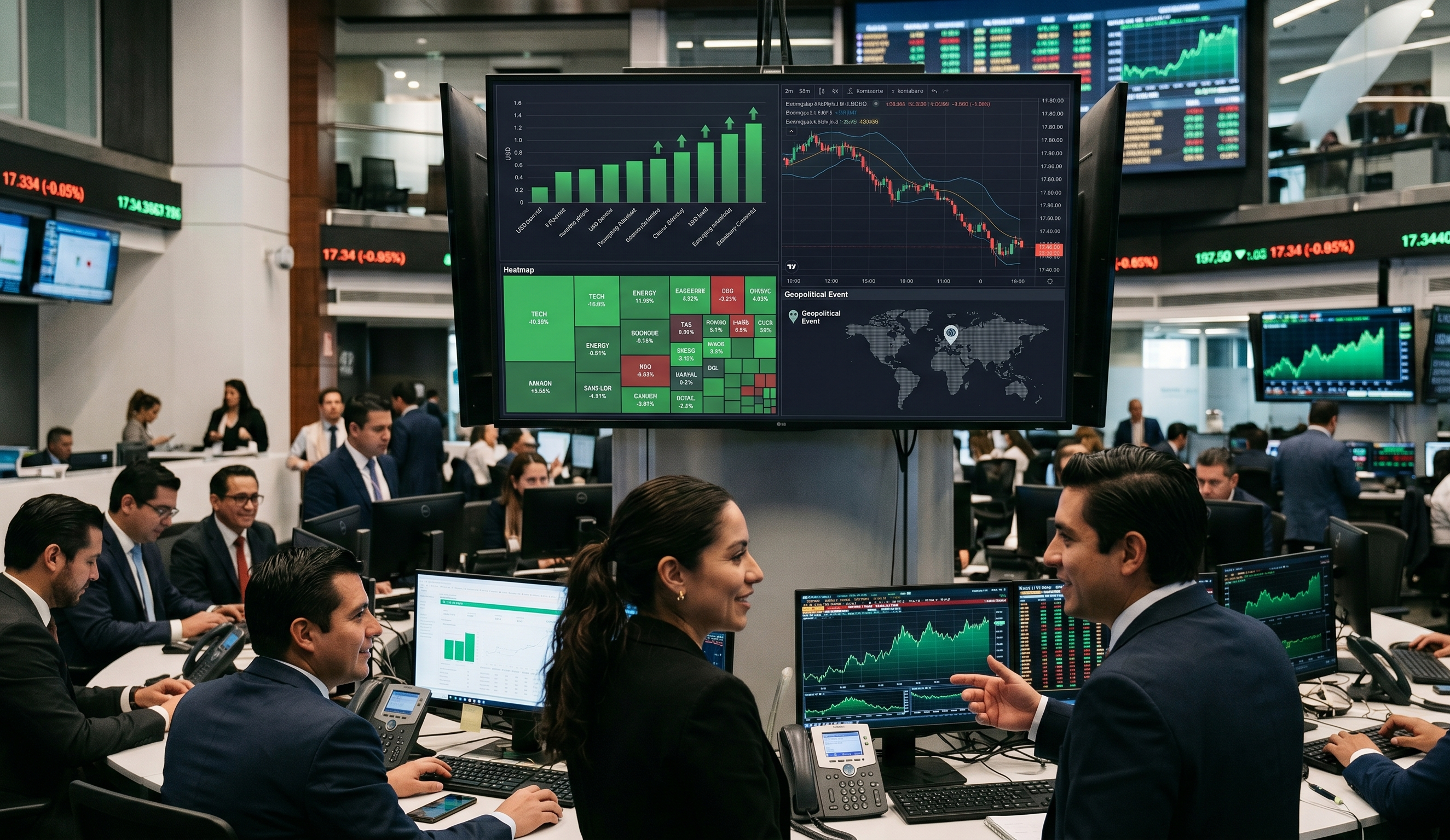 El peso mexicano cotiza en 17.34 por dólar y se aprecia ante señales de distensión en Medio Oriente