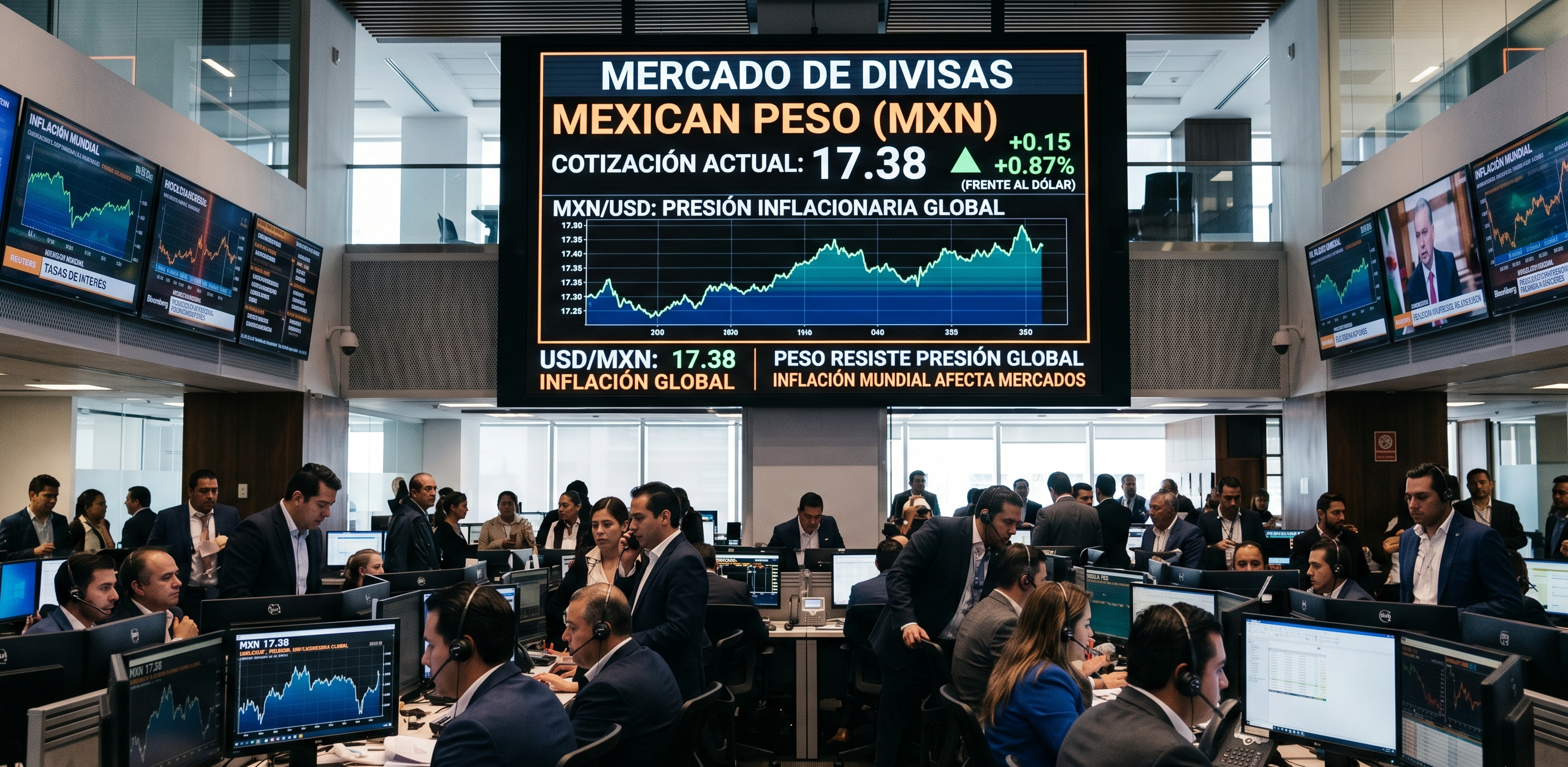 El peso mexicano asimila presiones inflacionarias globales y cotiza sobre las 17.38 unidades por dólar