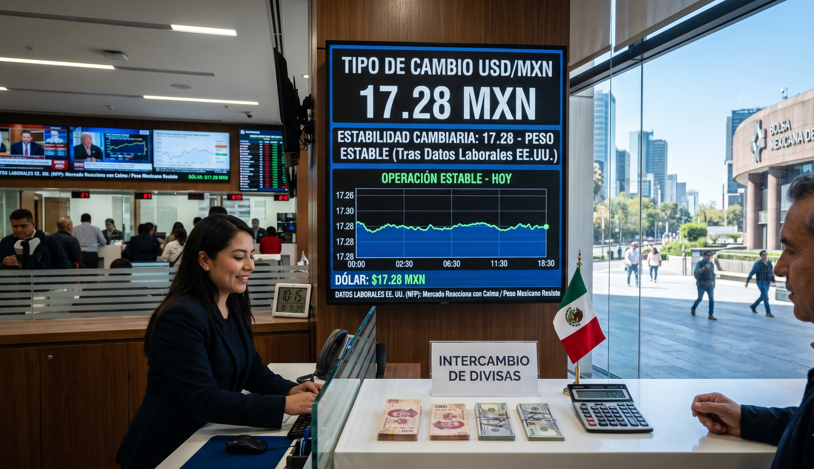 Estabilidad Cambiaria: El peso opera estable en el umbral de los 17.28 por dólar tras datos laborales en EE. UU.
