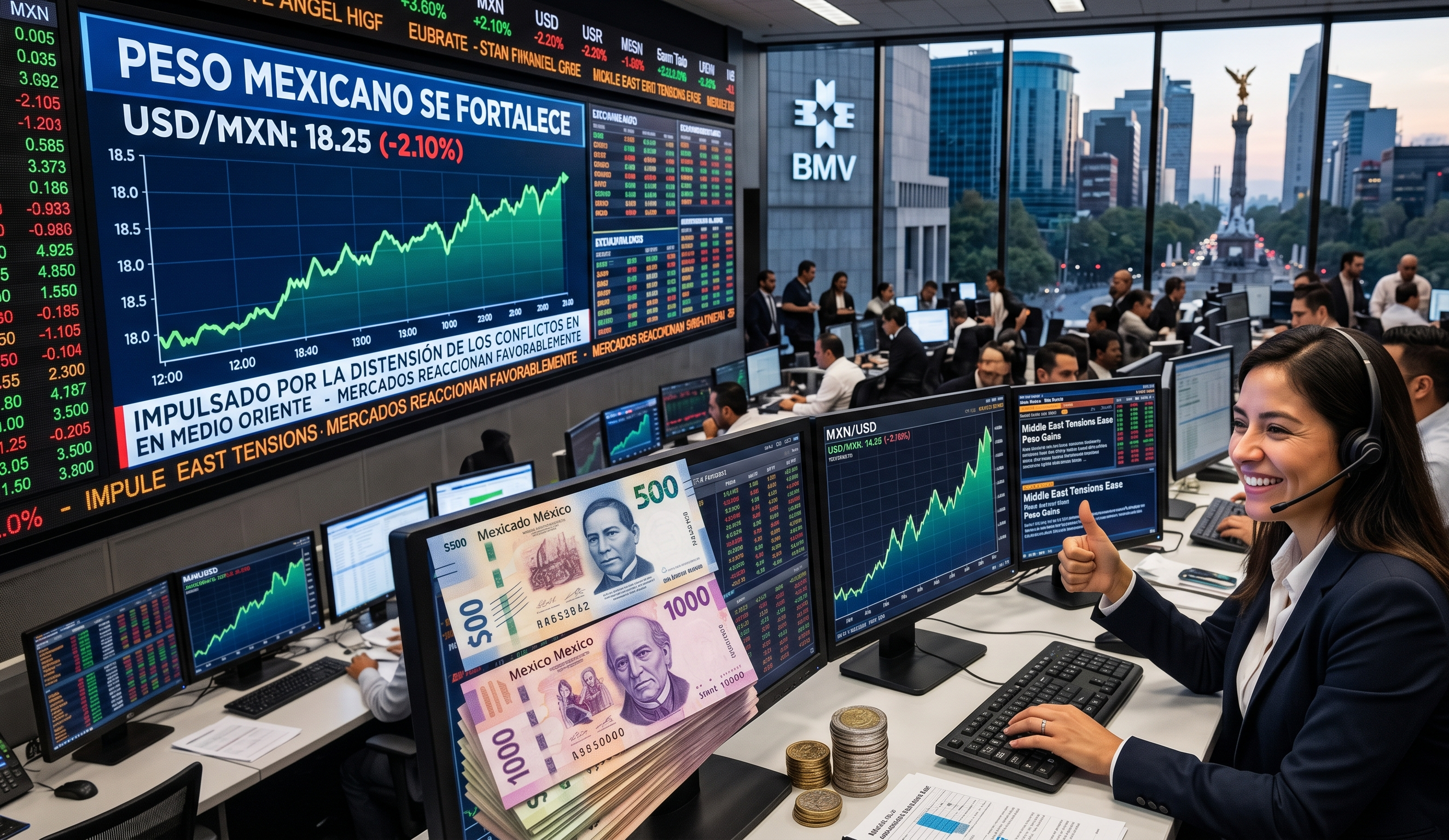 El peso mexicano se fortalece en los mercados cambiarios impulsado por la distensión de los conflictos internacionales en Medio Oriente