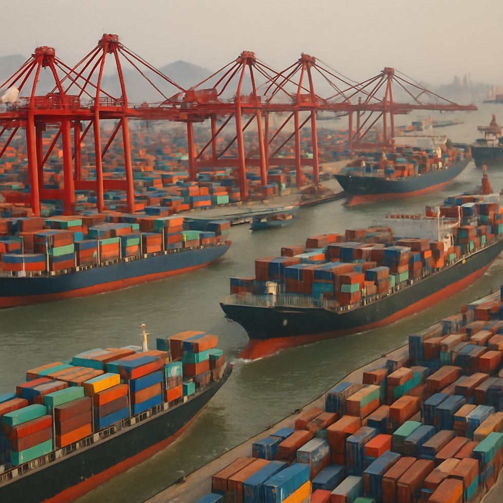 Cargo ships with colorful containers navigate a busy port with red cranes. Overcast sky creates a bustling, industrious atmosphere.