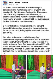 Hon Delma Thomas Acknowledges Dr. Earl Nicholas Brathwaite's Outstanding Support