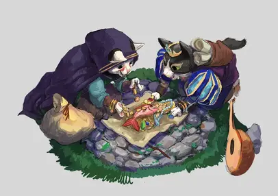 Two cats preparing a fish