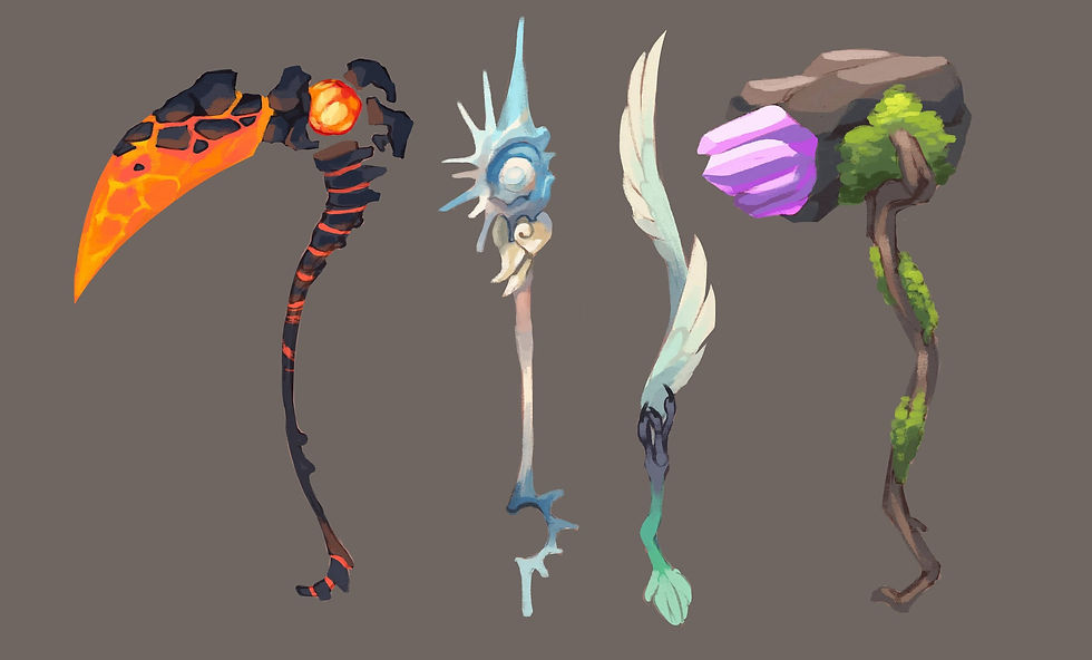 Fire, water, air, earth element inspired weapon designs