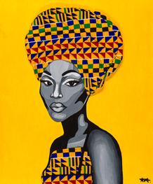 Portrait painting of a woman with a yellow background