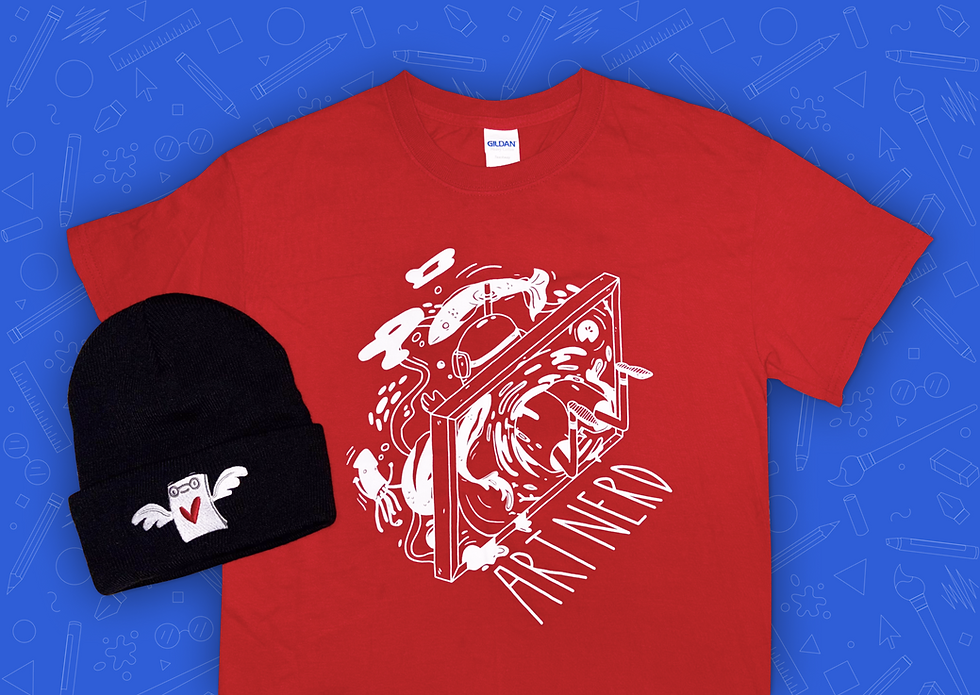 Black beanie with Winged Canvas mascot and red t-shirt with artwork with 'Art Nerd' text