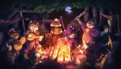Cats gathered around a campfire