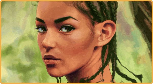 Semi-realistic digital portrait, character duo art, fish tank perspective art, watercolour landscape