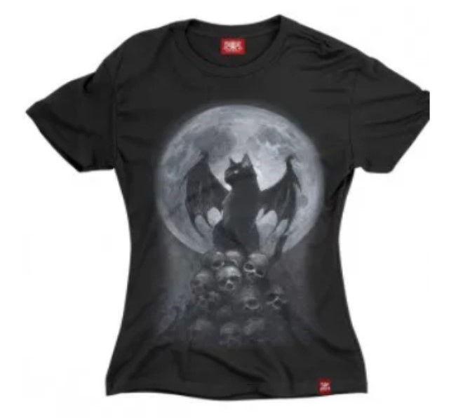 Camiseta Feminina Death Cat Baby Look Preto C2197