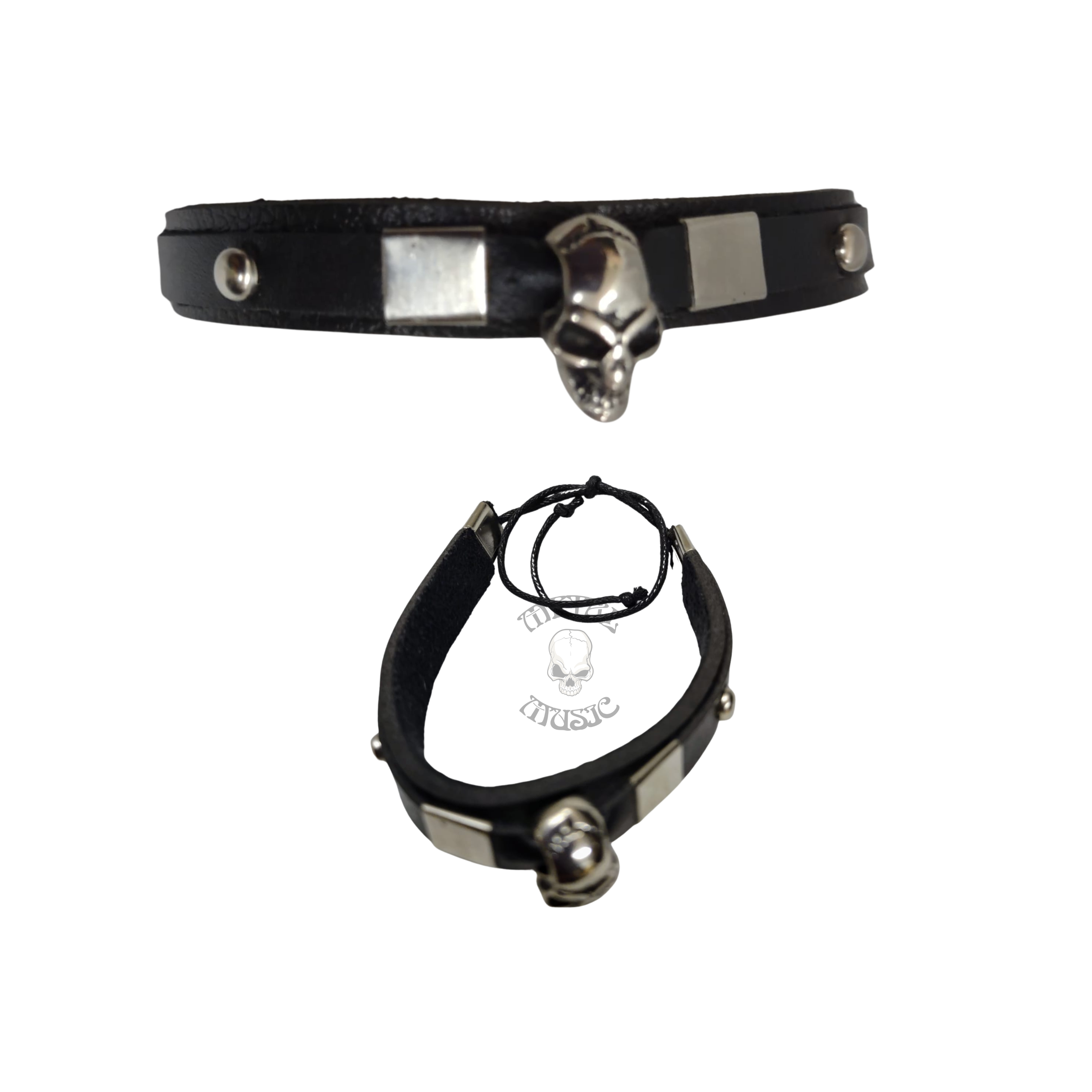 Bracelete Pulseira Couro Uma Caveira Fina Preto MBP03