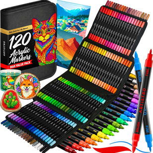 ARTISTRO Acrylic Paint Pens With Storage Bag for Calligraphy - Markers With Brush and Fine Precision Tips - Multisurface Painting for Fabric, Rock, Glass, and More (120 Markers, Dual Tip Brush + Fine)