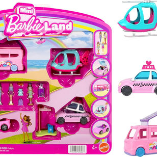 Barbie Mini Land 4-Pack, Set with 4 1.5-inch Mini Dolls, 4 Toy Vehicles & Themed Accessories, Includes DreamCamper