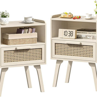 Lerliuo Rattan Nightstands Set of 2, Side Table with Drawer Open Shelf, Cane Accent Bedside End Table, Mid Century Modern Night Stand for Bedroom, Dorm and Small Spaces (Grey White) 
