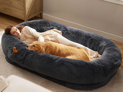 Bedsure Human Dog Bed, 71.0" x 44.0" x 12.0" Calming Giant Human Dog Bed for Adults People Fits Pet Families with Storage Pocket, Fluffy Faux Fur Orthopedic Pet Bean Bed, Dark Grey