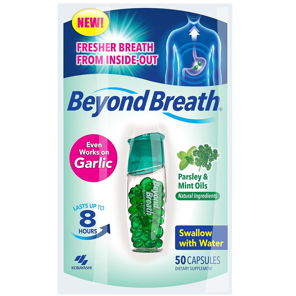 Beyond Breath, Breath Freshening Capsules, Freshens from Source, 50 Count | Easy-to-swallow capsules use parsley and mint oils to neutralize bad breath odor at the source. Works on garlic up to 8 hour