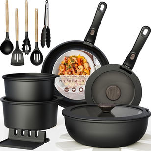 Astercook Non Stick RV Pots and Pans Ceramic Kitchen Cookware Set with Detachable/Removable Handle, Oven Safe, Induction Ready, Stackable, Black, 21 pcs