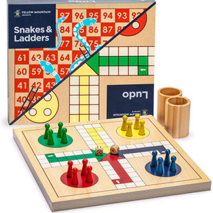 Yellow Mountain Imports 2-in-1 Reversible Wooden Snakes and Ladders, Ludo Game Set - 11.3 inches