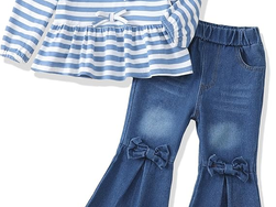 Toddler Baby Girl Clothes Little Girls Fall Winter Outfits Kids Smocked Shirt Bell Bottom Jeans Denim Pants Clothing