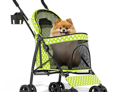 MoNiBloom 4 Wheels Pet Stroller, Easy-Fold Umbrella Shaped Dog Cat Jogger Stroller w/Storage Bag & Visible Mesh for Small/Medium Dogs Cats Lawn Green Polka Dots