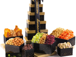 NUT CRAVINGS - Holiday Christmas Dried Fruit & Mixed Nuts Gift Basket in Black Tower + Ribbon (12 Assortments) Xmas Treats for Adults, Food Arrangement, Healthy Snack Care Package, Kosher