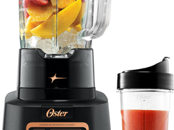 Oster Extreme Mix Blender, 64oz Glass Jar, 3 iBlend Preset Functions, 1600-Watts, 10-Point Blade Stack with Titanium Coating & 24oz Blend-N-Go Cup